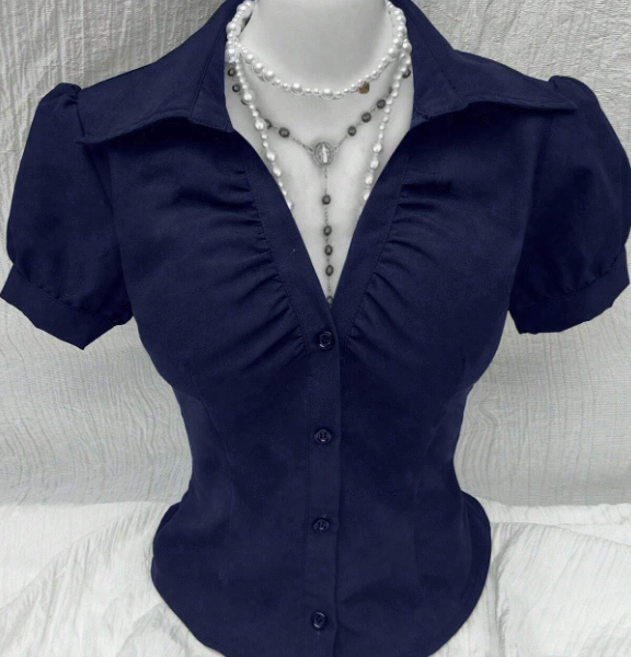 Sweetra Blouse femme à manches courtes avec encolure en V, taille avec fronces et découpe