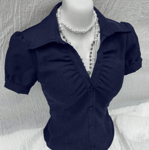 Sweetra Blouse femme à manches courtes avec encolure en V, taille avec fronces et découpe